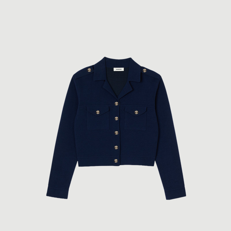 【七七酱直播间】SANDRO女装法式翻领扣饰点缀蓝色针织开衫外套