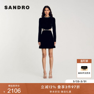 款 优雅腰部镂空设计仿钻短款 女装 时尚 小黑裙连衣裙 法式 SANDRO秋季