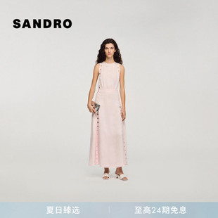 SANDRO2026夏季新款女装法式粉色扇贝形镂空刺绣收腰无袖连衣裙
