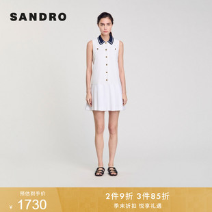 色竖排扣翻领无袖 SANDRO2025春夏女装 法式 甜时尚 百褶连衣裙 短款