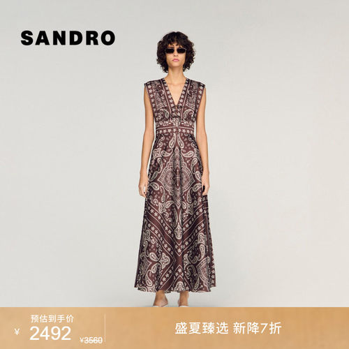 SANDRO印花V领无袖连衣裙