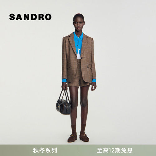SANDRO绵羊毛格纹单扣西装外套