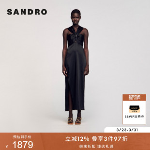 气质黑色扭结挂脖露背侧开衩连衣裙 时尚 SANDRO2025春夏女装 法式