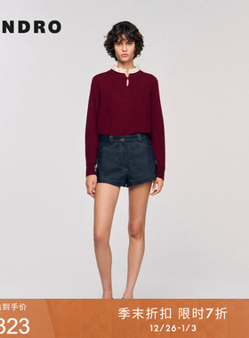SANDRO2025秋冬新款女装法式立体花边拼接领水滴形领口套头针织衫