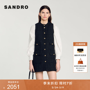 季末7折SANDRO秋冬女装法式黑色多口袋亮色扣无袖短款花呢连衣裙