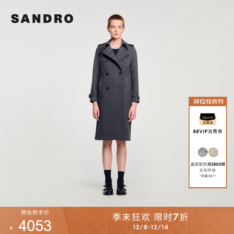 SANDRO女装法式翻领仿钻长外套