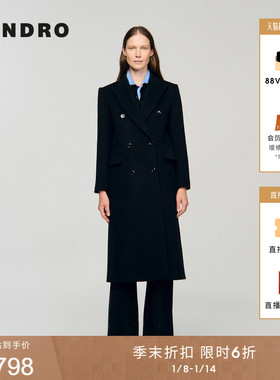 季末6折SANDRO2025秋冬新款女装法式黑色双排扣羊毛混纺毛呢大衣