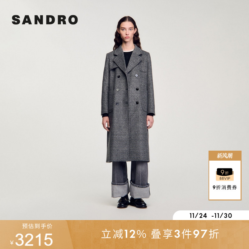 SANDRO女装法式复古格纹大衣外套