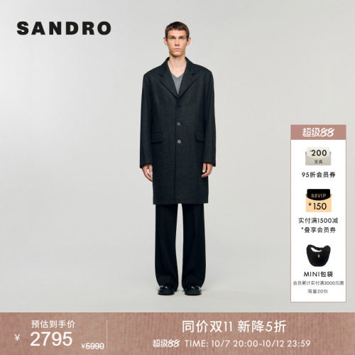 SANDRO戗驳领黑色毛呢大衣