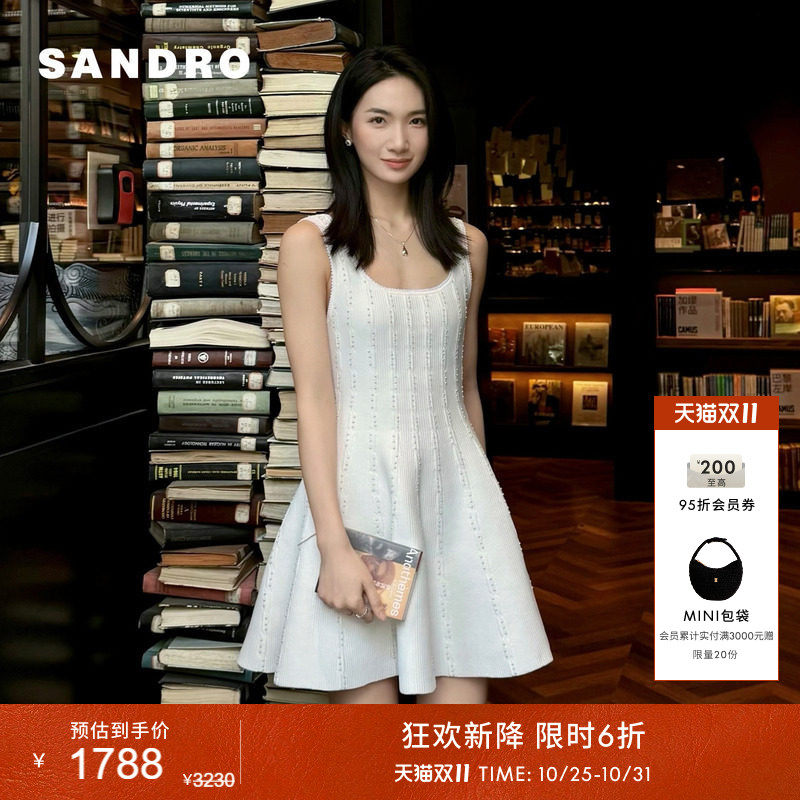 SANDRO2026夏季新款女装法式时尚气质仿钻饰收腰裙摆吊带连衣裙