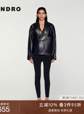 SANDRO款女装法式复古时尚简约黑色大翻领落肩廓形机车风皮衣外套