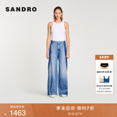 末7折SANDRO博主同款 2025秋冬女装 法式 季 棉质双色压褶阔腿牛仔裤