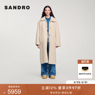 毛呢大衣外套 简约质感羊毛革翻领系扣绒面长款 SANDRO秋冬女装 法式