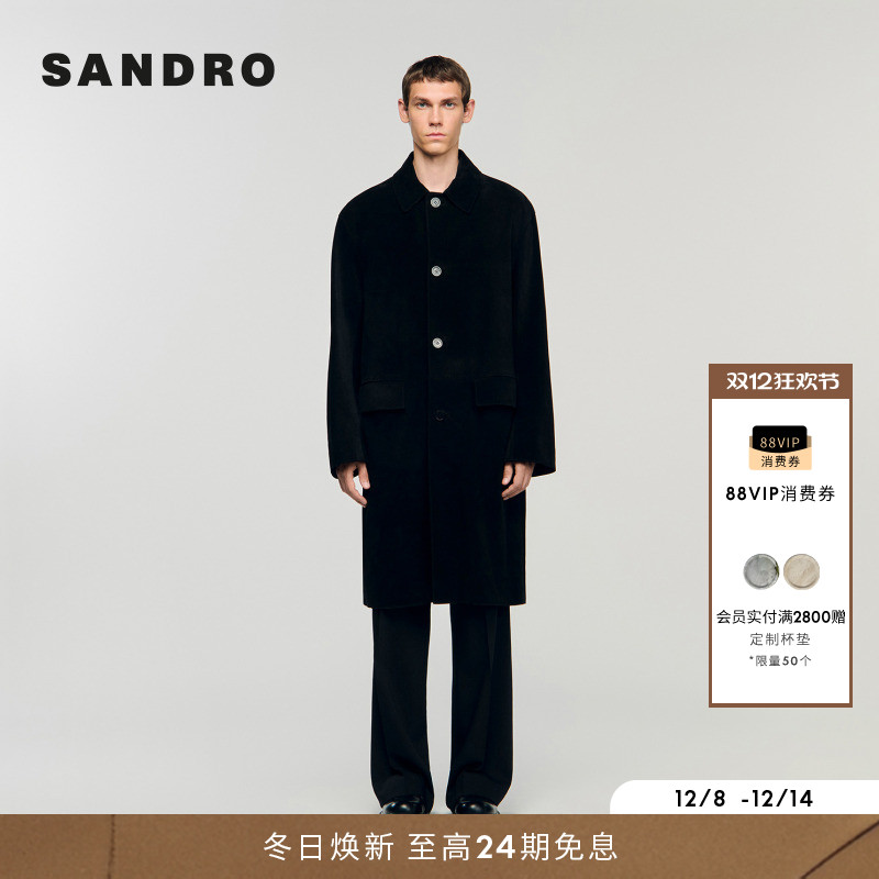 SANDRO牛皮革黑色单排扣大衣