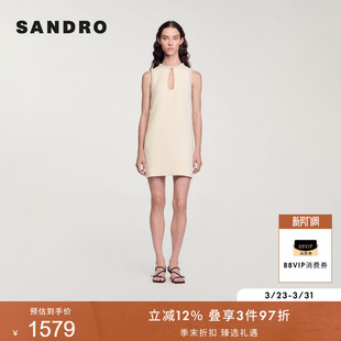 无袖 SANDRO秋冬女装 优雅米白色仿钻圆领镂空短款 时尚 连衣裙 法式