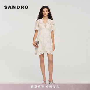 时尚 SANDRO2026春夏新款 女装 法式 收腰连衣裙 白色蕾丝花边V领短款