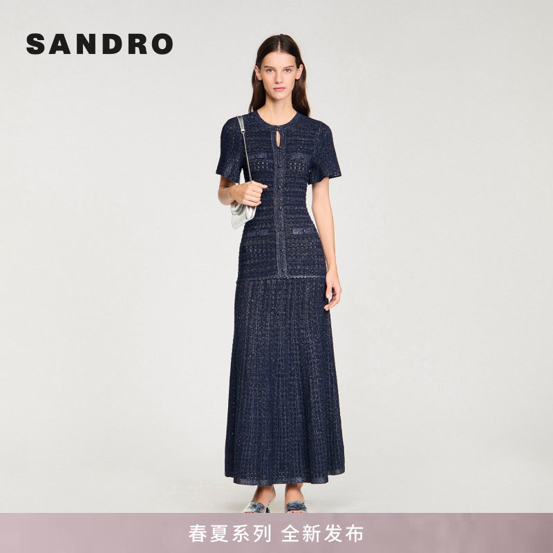 SANDRO2026春夏新款女装法式时尚泡泡袖多口袋长款收腰圆领连衣裙