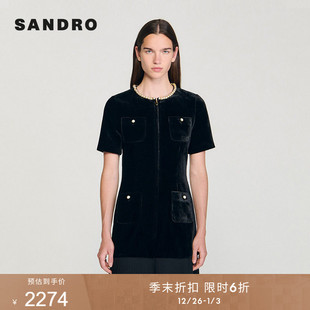 法式 季 女装 新款 仿珠饰领拼接裙摆黑色连衣裙 末6折SANDRO2025秋季