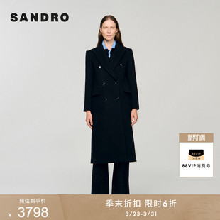 简约黑色双排扣羊毛混纺毛呢大衣 法式 季 末6折SANDRO2025秋冬女装