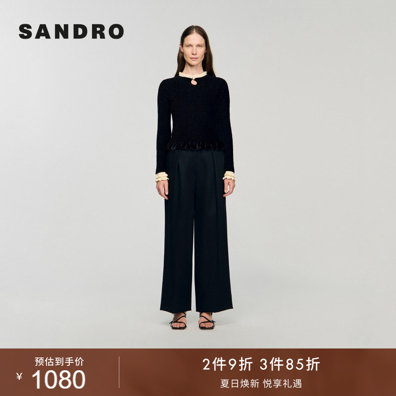 线上专享SANDRO女装法式经典复古黑色假两件撞色花边领套头针织衫