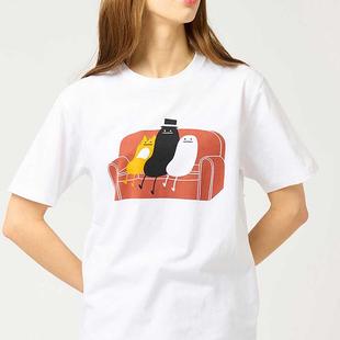 日系小众影子先生卡通重磅纯棉t恤女短袖夏季亲子装中性白色上衣