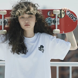 日系小众惊讶猫卡通logo刺绣重磅纯棉t恤女夏季潮牌短袖圆领上衣