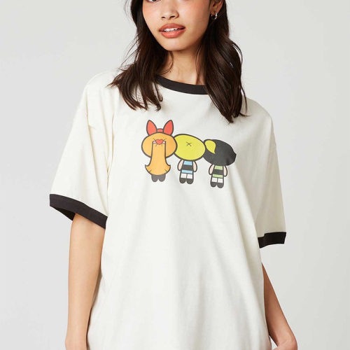 E1798中性款日系小众PPG可爱卡通纯棉撞色短袖t恤女bf夏季上衣tee