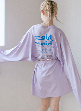 日系xg前后字母印花浅紫色长款长袖t恤女这屁股宽松纯棉春秋上衣