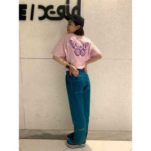 E946日系小众街头潮流蝴蝶印花t恤女短袖 圆领街舞滑板上衣tee 夏季