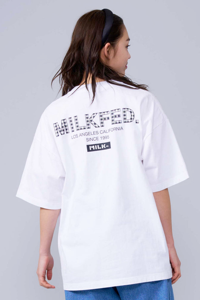 日系milk小众checkered logo字母印花白色t恤短袖女宽松显瘦大tee