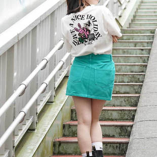 E1159日系小众街头潮流假日小兔子纯棉t恤女短袖 圆领上衣tee 夏季