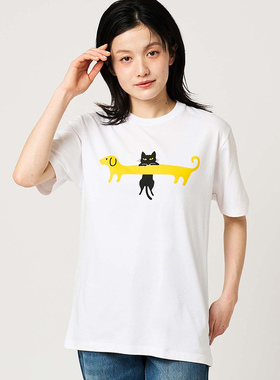 E2081影子腊肠狗小猫好朋友日系小众卡通纯棉t恤女短袖夏季亲子装