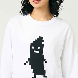 日系小众影子先生像素卡通纯棉t恤女长袖春秋外穿内搭个性上衣tee