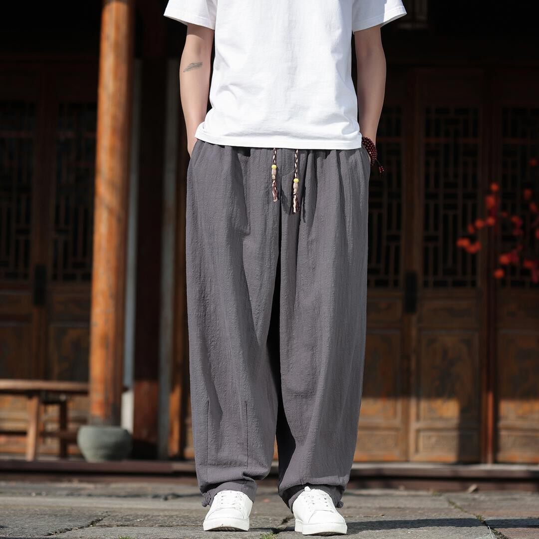 夏季中国风盘扣男士阔腿长裤透气凉爽宽松直筒大码薄款百搭休闲裤
