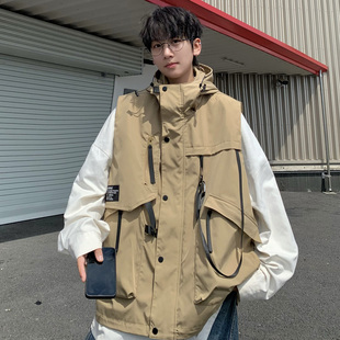 背心 潮流胖人宽松工装 复古飘带机能连帽马甲男秋季 外套加肥加大码