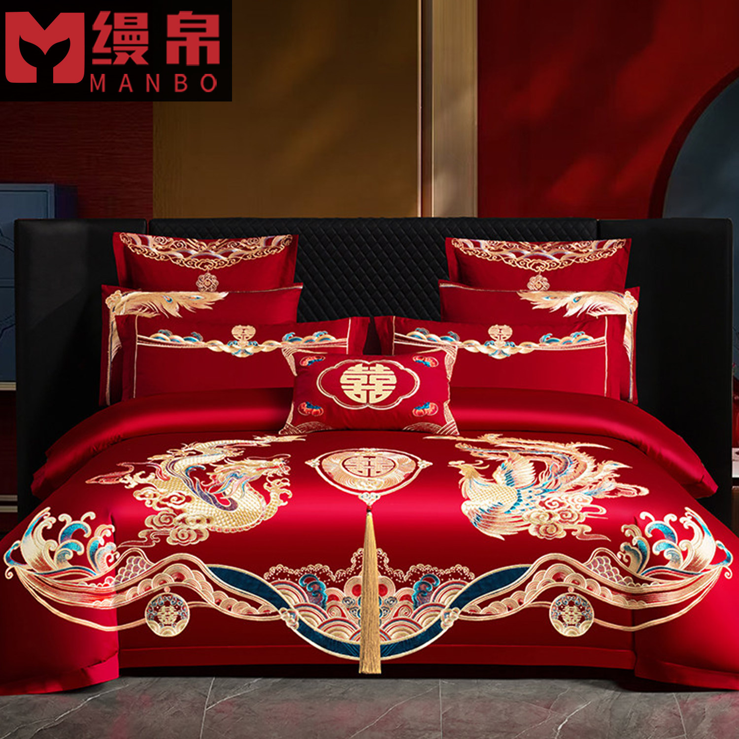 婚庆四件套大红全棉刺绣新婚喜被六八十件套结婚纯棉绣花床上用品