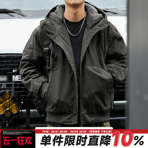 嘿马七作男士做旧夹克外套连帽棉