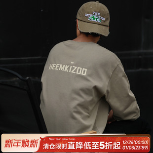 290g嘿马七作日系复古简约胶印字母圆领长袖 休闲内搭上衣 T恤男士