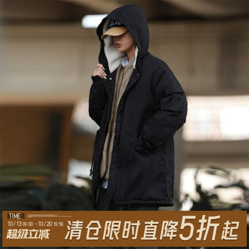 嘿马七作冬中长款加绒羊羔毛棉衣