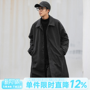 嘿马七作日系复古夹棉风衣人字纹星空呢中长款 毛呢大衣男生外套潮