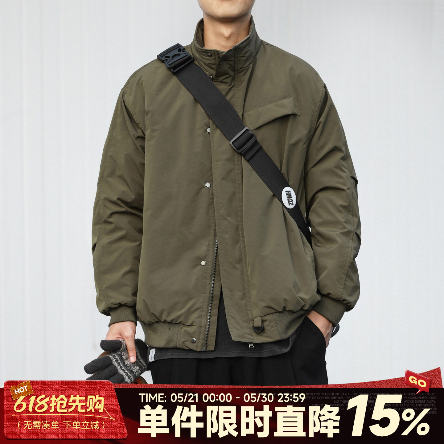 防泼水嘿马七作日系复古冬季男士暗格纹美式棉衣立领棉服外套潮牌