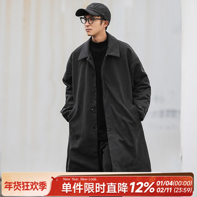 嘿马七作日系复古夹棉风衣人字纹星空呢中长款毛呢大衣男生外套潮