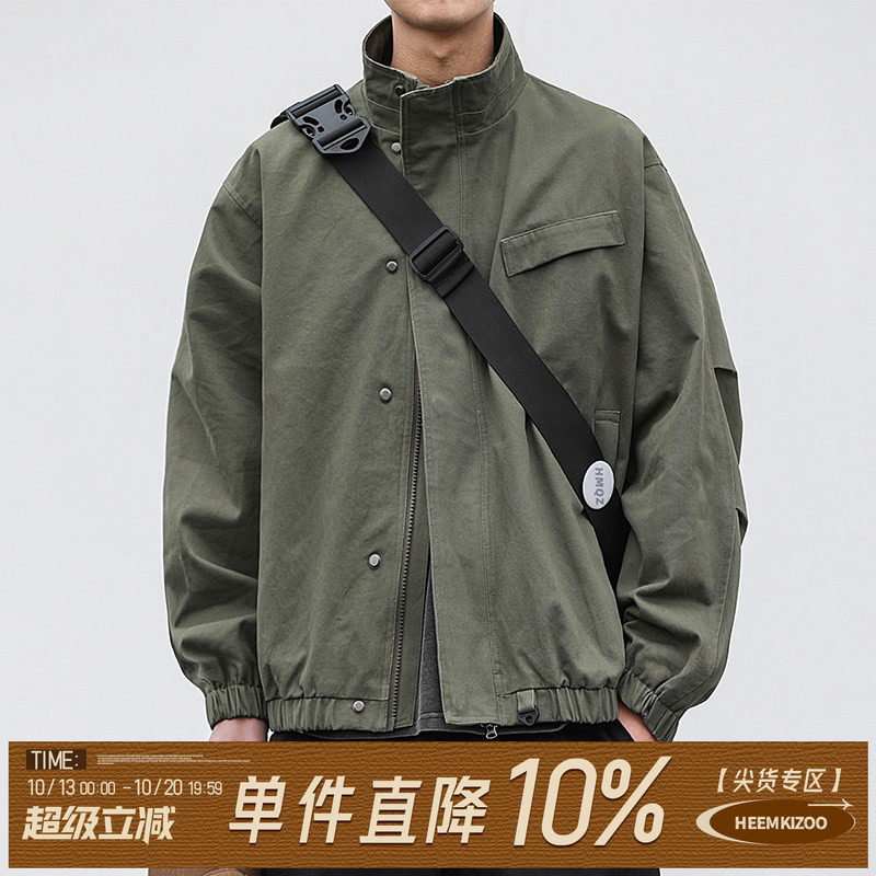 嘿马七作春秋款美式复古工装立领外套飞行休闲夹克男士宽松上衣潮