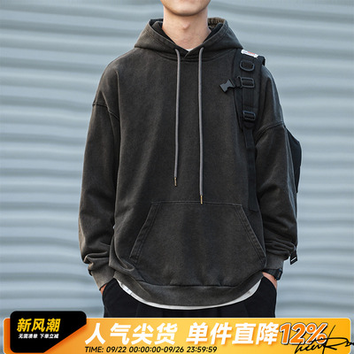 450g重磅嘿马七作日系复古秋冬做旧水洗连帽卫衣休闲套头上衣男s
