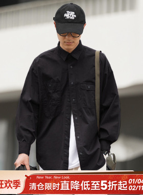 嘿马七作日系复古春秋男士休闲口袋工装衬衫黑色翻领长袖衬衣外套