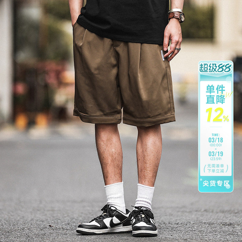 嘿马七作日系复古原创休闲五分直筒短裤男外穿潮夏季薄款运动中裤