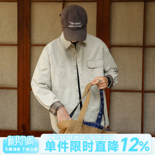 嘿马七作日系复古春秋格纹拼接工装 潮男宽松休闲百搭衬衣外套 衬衫