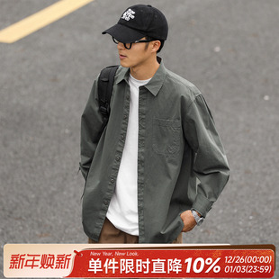 男士 衬衫 潮牌宽松休闲内搭衬衣 口袋刺绣长袖 嘿马七作日系复古秋季