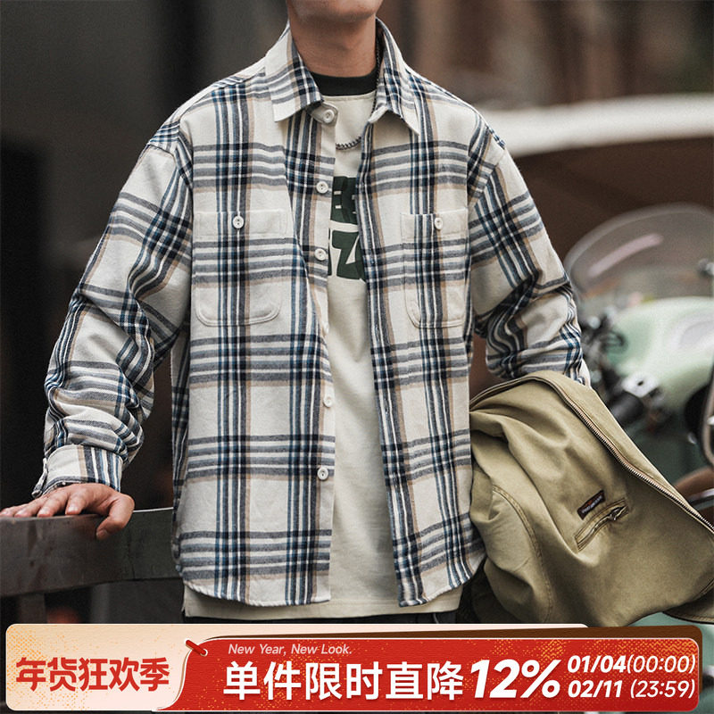 HEEMKIZOO春秋款日系复古格子条纹翻领衬衫男长袖衬衣外套潮情侣,男装,衬衫,淘宝优惠券,粉丝福利购,淘宝优惠卷