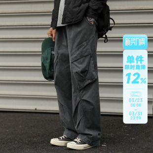 分割设计宽松休闲长裤 嘿马七作美式 裤 立体口袋工装 子 复古春秋男士